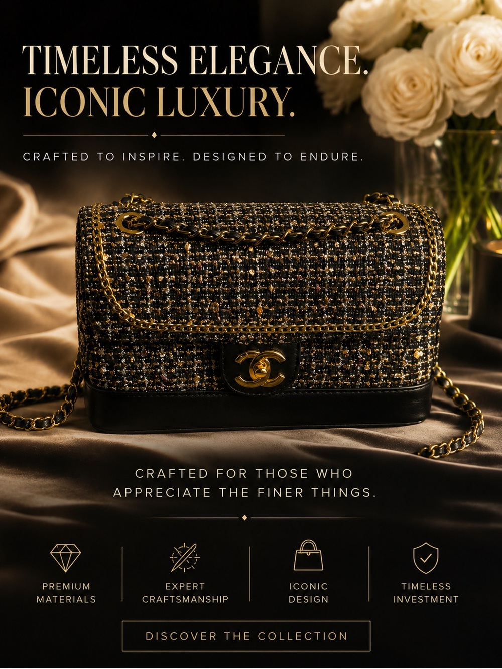Luxury Black Tweed Shoulder Bag with Gold Chain Trim